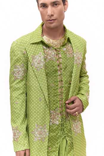 Shop_Mukti And Kavith Casa_Green Crepe Bandhani Short Jacket Kurta Set _Online_at_Aza_Fashions