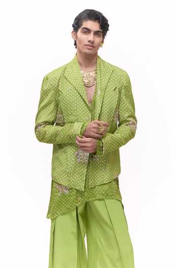 Mukti And Kavith Casa_Green Crepe Bandhani Embroidered Short Jacket Kurta Set _at_Aza_Fashions