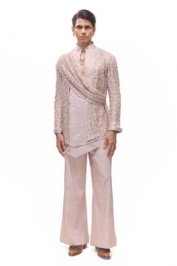Mukti And Kavith Casa Net Mirrorwork Draped Jacket Kurta Set 