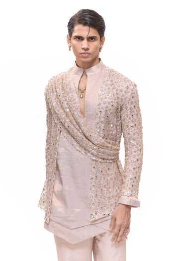 Buy Mukti And Kavith Casa Beige Net, Tissue Mirrorwork Draped Jacket Kurta Set Online at Aza Fashions Buy_Mukti And Kavith Casa_Beige Net, Tissue Mirrorwork Draped Jacket Kurta Set _Online_at_Aza_Fashions