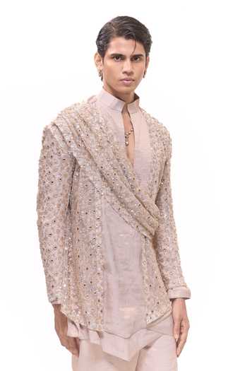 Shop Mukti And Kavith Casa Beige Net, Tissue Mirrorwork Draped Jacket Kurta Set Online at Aza Fashions Shop_Mukti And Kavith Casa_Beige Net, Tissue Mirrorwork Draped Jacket Kurta Set _Online_at_Aza_Fashions