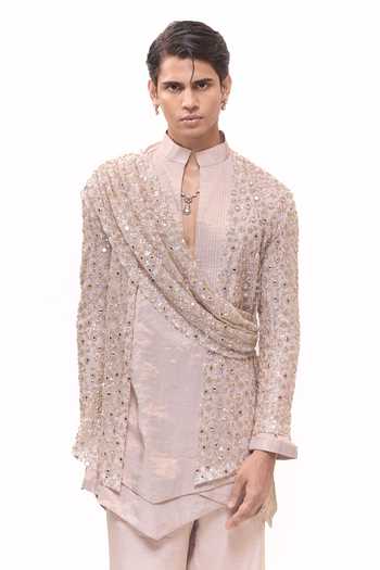 Mukti And Kavith Casa Beige Net, Tissue Mirrorwork Draped Jacket Kurta Set at Aza Fashions Mukti And Kavith Casa_Beige Net, Tissue Mirrorwork Draped Jacket Kurta Set _at_Aza_Fashions