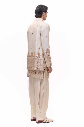 Mukti And Kavith Casa_Beige Tissue Regal Mirror Embroidery Kurta Set _Online_at_Aza_Fashions