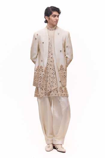 Buy_Mukti And Kavith Casa_Beige Tissue Regal Mirror Embroidery Kurta Set _Online_at_Aza_Fashions