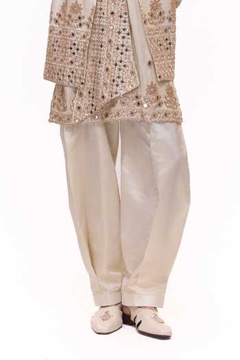 Shop_Mukti And Kavith Casa_Beige Tissue Regal Mirror Embroidery Kurta Set _Online_at_Aza_Fashions