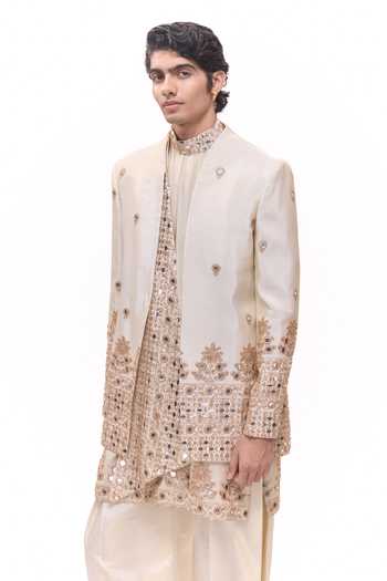 Mukti And Kavith Casa_Beige Tissue Regal Mirror Embroidery Kurta Set _at_Aza_Fashions
