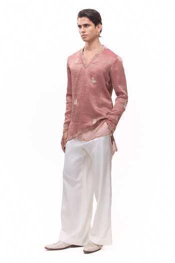 Mukti And Kavith Casa_Pink Organza, Crepe Layered Kurta With Ivory Palazzo _Online_at_Aza_Fashions