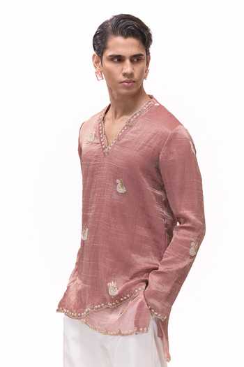 Shop_Mukti And Kavith Casa_Pink Organza, Crepe Layered Kurta With Ivory Palazzo _Online_at_Aza_Fashions