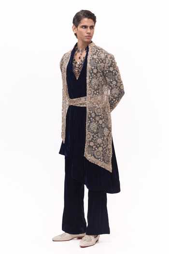 Mukti And Kavith Casa_Beige Net, Velvet Embroidered Jacket And Kurta Set _Online_at_Aza_Fashions