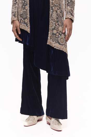 Buy_Mukti And Kavith Casa_Beige Net, Velvet Embroidered Jacket And Kurta Set _Online_at_Aza_Fashions