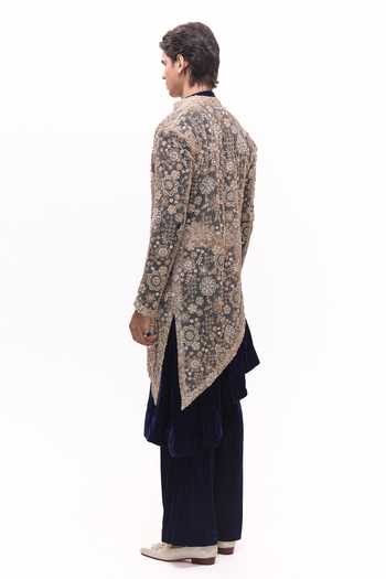 Shop_Mukti And Kavith Casa_Beige Net, Velvet Embroidered Jacket And Kurta Set _Online_at_Aza_Fashions