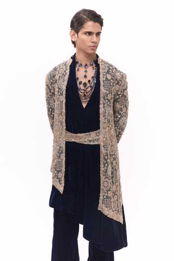 Mukti And Kavith Casa_Beige Net, Velvet Embroidered Jacket And Kurta Set _at_Aza_Fashions