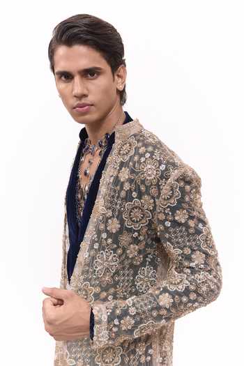 Buy_Mukti And Kavith Casa_Beige Net, Velvet Embroidered Jacket And Kurta Set 