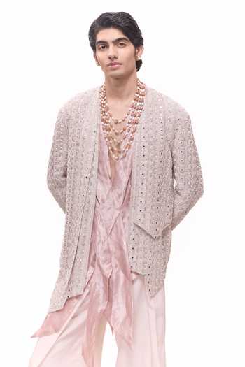 Buy_Mukti And Kavith Casa_Pink Chanderi, Tissue, Crepe Blush Regal Embroidered Jacket And Kurta Set _Online_at_Aza_Fashions