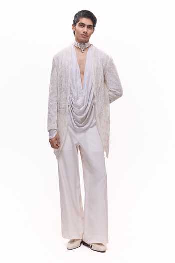 Mukti And Kavith Casa Net Embroidered Jacket & Draped Kurta Set 