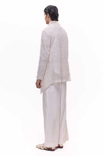 Mukti And Kavith Casa_White Net, Crepe Embroidered Jacket And Draped Kurta Set _Online_at_Aza_Fashions
