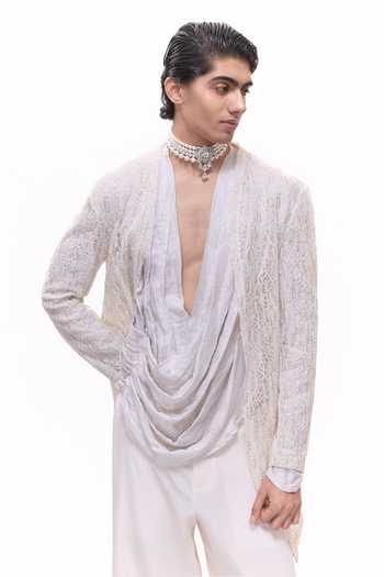 Buy_Mukti And Kavith Casa_White Net, Crepe Embroidered Jacket And Draped Kurta Set _Online_at_Aza_Fashions