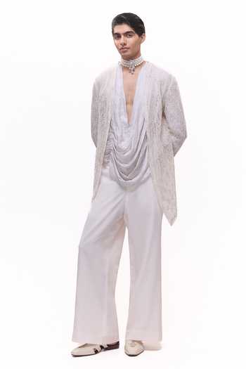 Mukti And Kavith Casa_White Net, Crepe Embroidered Jacket And Draped Kurta Set _at_Aza_Fashions