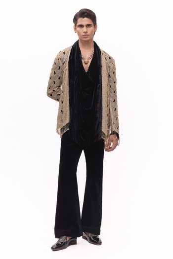 Mukti And Kavith Casa Black Heritage Cutwork Jacket & Kurta Set 