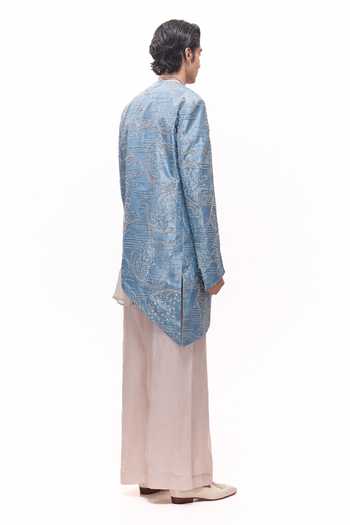 Buy_Mukti And Kavith Casa_Blue Organza, Polyester, Tissue Royal Crushed Jacket And Kurta Set _Online_at_Aza_Fashions