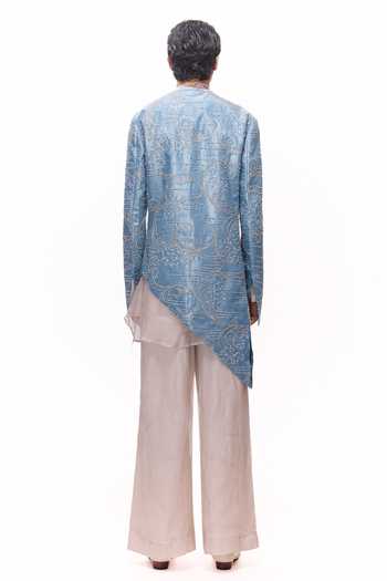 Mukti And Kavith Casa Blue Royal Crushed Jacket & Kurta Set 