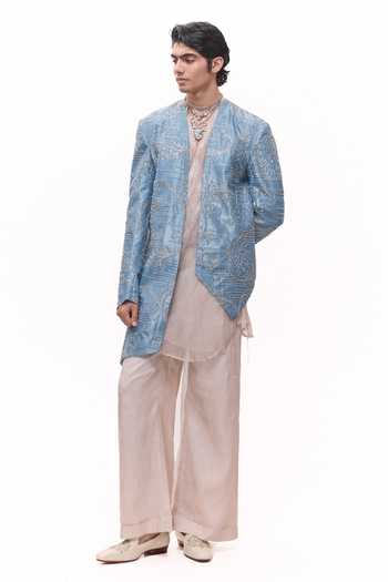 Mukti And Kavith Casa Blue Royal Crushed Jacket & Kurta Set 