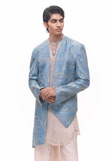Shop_Mukti And Kavith Casa_Blue Organza, Polyester, Tissue Royal Crushed Jacket And Kurta Set _Online_at_Aza_Fashions