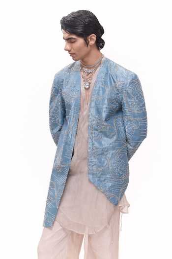 Mukti And Kavith Casa_Blue Organza, Polyester, Tissue Royal Crushed Jacket And Kurta Set _at_Aza_Fashions