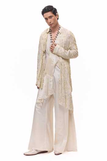 Buy_Mukti And Kavith Casa_Gold Tissue Heritage Embroidered Jacket And Kurta Set _Online_at_Aza_Fashions