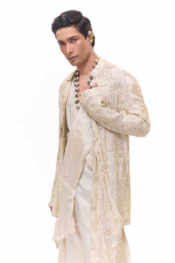 Shop_Mukti And Kavith Casa_Gold Tissue Heritage Embroidered Jacket And Kurta Set _Online_at_Aza_Fashions