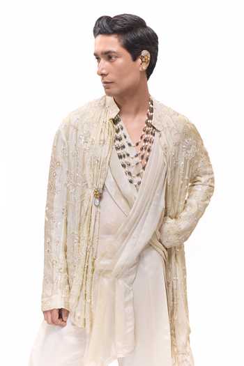 Mukti And Kavith Casa_Gold Tissue Heritage Embroidered Jacket And Kurta Set _at_Aza_Fashions