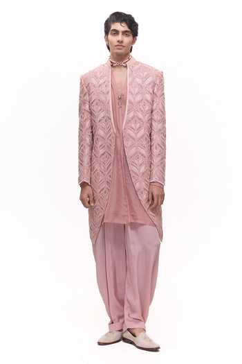 Mukti And Kavith Casa Pink Chanderi, Tissue, Organza, Crepe Rose Gold Cutwork Jacket And Kurta Set Online at Aza Fashions Mukti And Kavith Casa_Pink Chanderi, Tissue, Organza, Crepe Rose Gold Cutwork Jacket And Kurta Set _Online_at_Aza_Fashions
