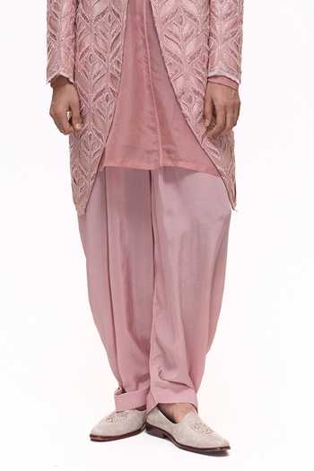 Shop Mukti And Kavith Casa Pink Chanderi, Tissue, Organza, Crepe Rose Gold Cutwork Jacket And Kurta Set Online at Aza Fashions Shop_Mukti And Kavith Casa_Pink Chanderi, Tissue, Organza, Crepe Rose Gold Cutwork Jacket And Kurta Set _Online_at_Aza_Fashions