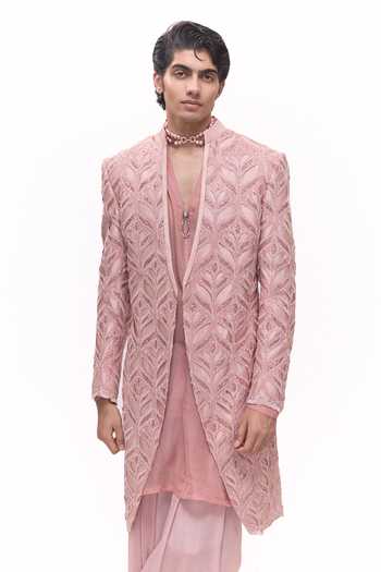 Mukti And Kavith Casa Pink Chanderi, Tissue, Organza, Crepe Rose Gold Cutwork Jacket And Kurta Set at Aza Fashions Mukti And Kavith Casa_Pink Chanderi, Tissue, Organza, Crepe Rose Gold Cutwork Jacket And Kurta Set _at_Aza_Fashions