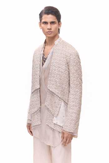 Buy_Mukti And Kavith Casa_Beige Chanderi, Tissue, Organza Flapped Jacket And Kurta Set _Online_at_Aza_Fashions