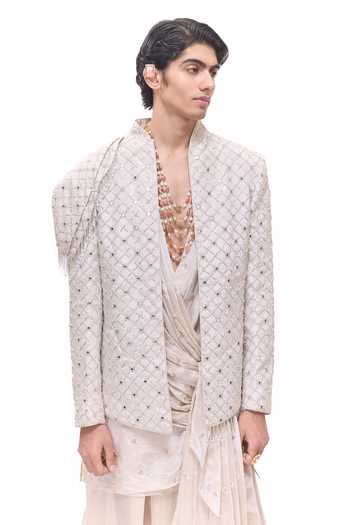 Shop Mukti And Kavith Casa Ivory Chanderi, Tissue, Silk, Dupion Mirror Jaal Work Jacket And Kurta Set Online at Aza Fashions Shop_Mukti And Kavith Casa_Ivory Chanderi, Tissue, Silk, Dupion Mirror Jaal Work Jacket And Kurta Set _Online_at_Aza_Fashions