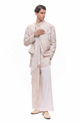 Buy_Mukti And Kavith Casa_Off White Chanderi, Tissue, Silk, Dupion, Floral Embroidered Jacket And Kurta Set _Online_at_Aza_Fashions