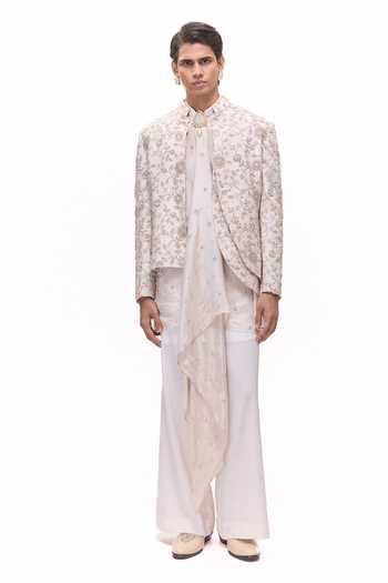 Shop_Mukti And Kavith Casa_Off White Chanderi, Tissue, Silk, Dupion, Floral Embroidered Jacket And Kurta Set _Online_at_Aza_Fashions