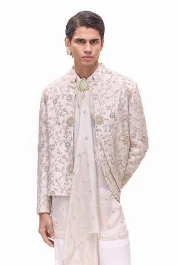 Mukti And Kavith Casa_Off White Chanderi, Tissue, Silk, Dupion, Floral Embroidered Jacket And Kurta Set _at_Aza_Fashions