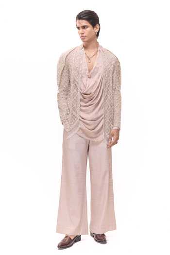 Mukti And Kavith Casa Ivory Net, Tissue Hexagon Embroidered Jacket And Draped Kurta Set Online at Aza Fashions Mukti And Kavith Casa_Ivory Net, Tissue Hexagon Embroidered Jacket And Draped Kurta Set _Online_at_Aza_Fashions