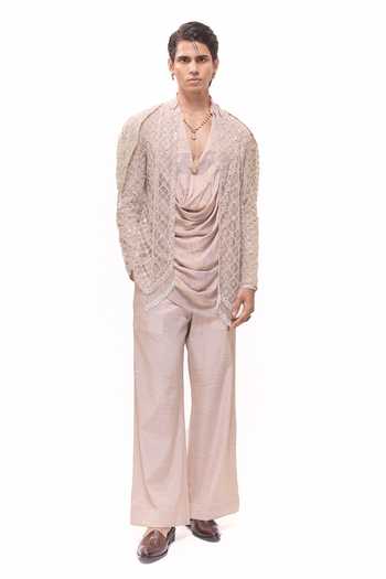 Mukti And Kavith Casa Hexagon Embroidered Jacket & Draped Kurta Set 