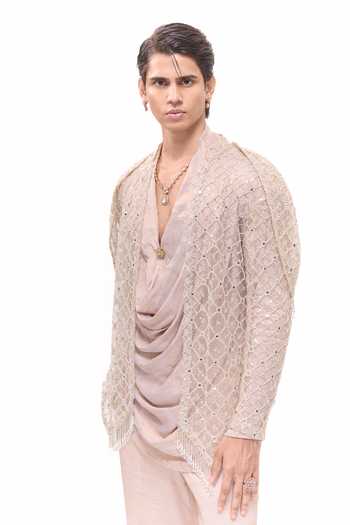 Mukti And Kavith Casa Ivory Net, Tissue Hexagon Embroidered Jacket And Draped Kurta Set at Aza Fashions Mukti And Kavith Casa_Ivory Net, Tissue Hexagon Embroidered Jacket And Draped Kurta Set _at_Aza_Fashions