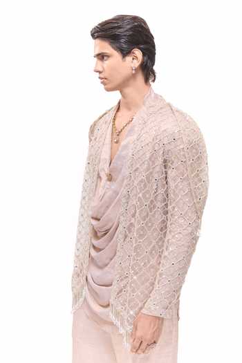 Buy Mukti And Kavith Casa Ivory Net, Tissue Hexagon Embroidered Jacket And Draped Kurta Set Buy_Mukti And Kavith Casa_Ivory Net, Tissue Hexagon Embroidered Jacket And Draped Kurta Set