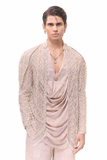 Shop Mukti And Kavith Casa Ivory Net, Tissue Hexagon Embroidered Jacket And Draped Kurta Set Shop_Mukti And Kavith Casa_Ivory Net, Tissue Hexagon Embroidered Jacket And Draped Kurta Set