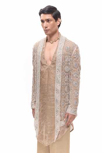 Shop Mukti And Kavith Casa Brown Net, Polyester, Tissue, Satin, Linen Embroidered Jacket And Regal Kurta Set Online at Aza Fashions Shop_Mukti And Kavith Casa_Brown Net, Polyester, Tissue, Satin, Linen Embroidered Jacket And Regal Kurta Set _Online_at_Aza_Fashions
