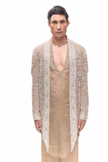 Mukti And Kavith Casa Brown Net, Polyester, Tissue, Satin, Linen Embroidered Jacket And Regal Kurta Set at Aza Fashions Mukti And Kavith Casa_Brown Net, Polyester, Tissue, Satin, Linen Embroidered Jacket And Regal Kurta Set _at_Aza_Fashions
