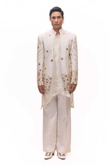Buy_Mukti And Kavith Casa_Gold Tissue Embroidery, Mirrors Short Jacket And Layered Kurta Set _Online_at_Aza_Fashions