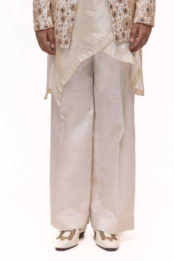 Shop_Mukti And Kavith Casa_Gold Tissue Embroidery, Mirrors Short Jacket And Layered Kurta Set _Online_at_Aza_Fashions