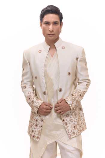 Mukti And Kavith Casa_Gold Tissue Embroidery, Mirrors Short Jacket And Layered Kurta Set _at_Aza_Fashions