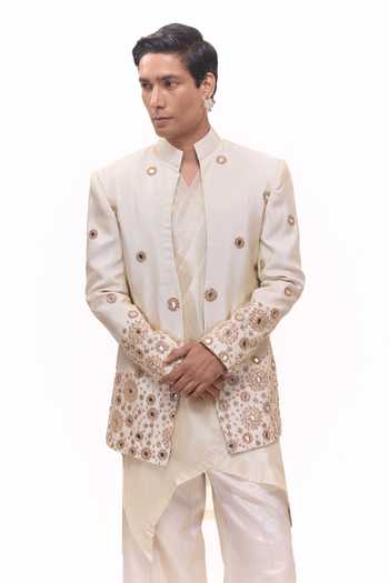 Buy_Mukti And Kavith Casa_Gold Tissue Embroidery, Mirrors Short Jacket And Layered Kurta Set 